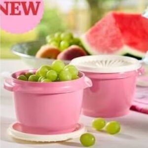 Vintage  Tupperware Servalier Bowl Set of 2 Pink & White Lid